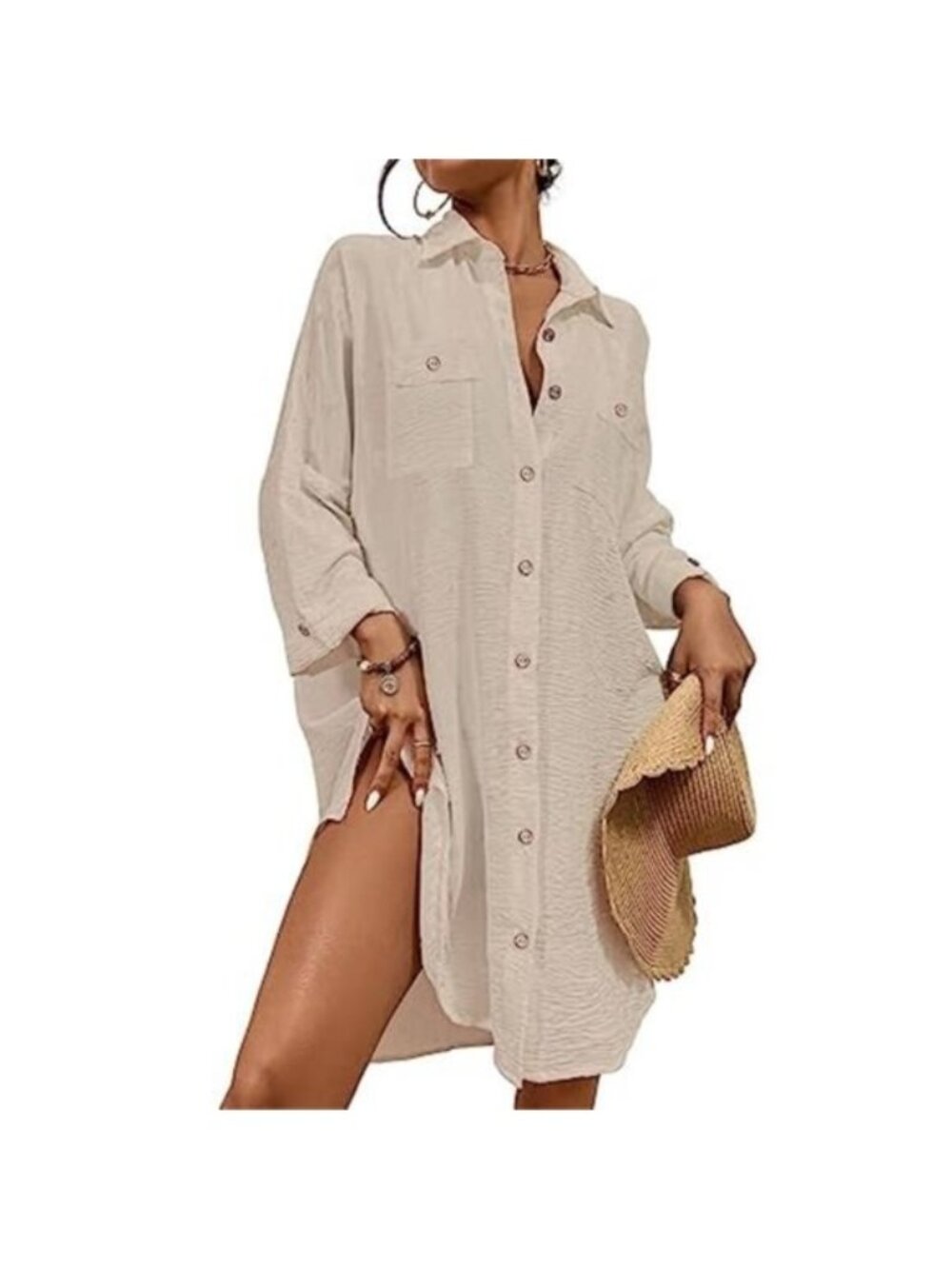 Women's Modern Swimsuit Cover Up Blouse Button Down Shirt Dress Top